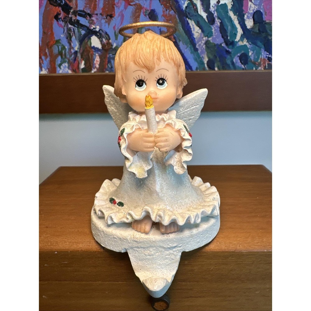 Vintage Holly Babes Angel‎ Halo Christmas Stocking Hanger Holiday Cast Iron Base